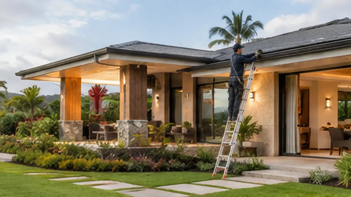 Gutter maintenance technician servicing a luxury hillside home with mountain views in Kaneohe, HI.