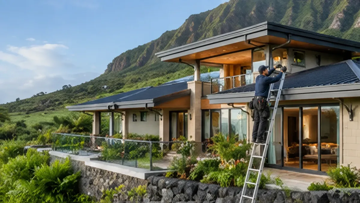 Professional gutter cleaner maintaining roofline gutters on a high-end indoor-outdoor home in Kaneohe, Hawaii.