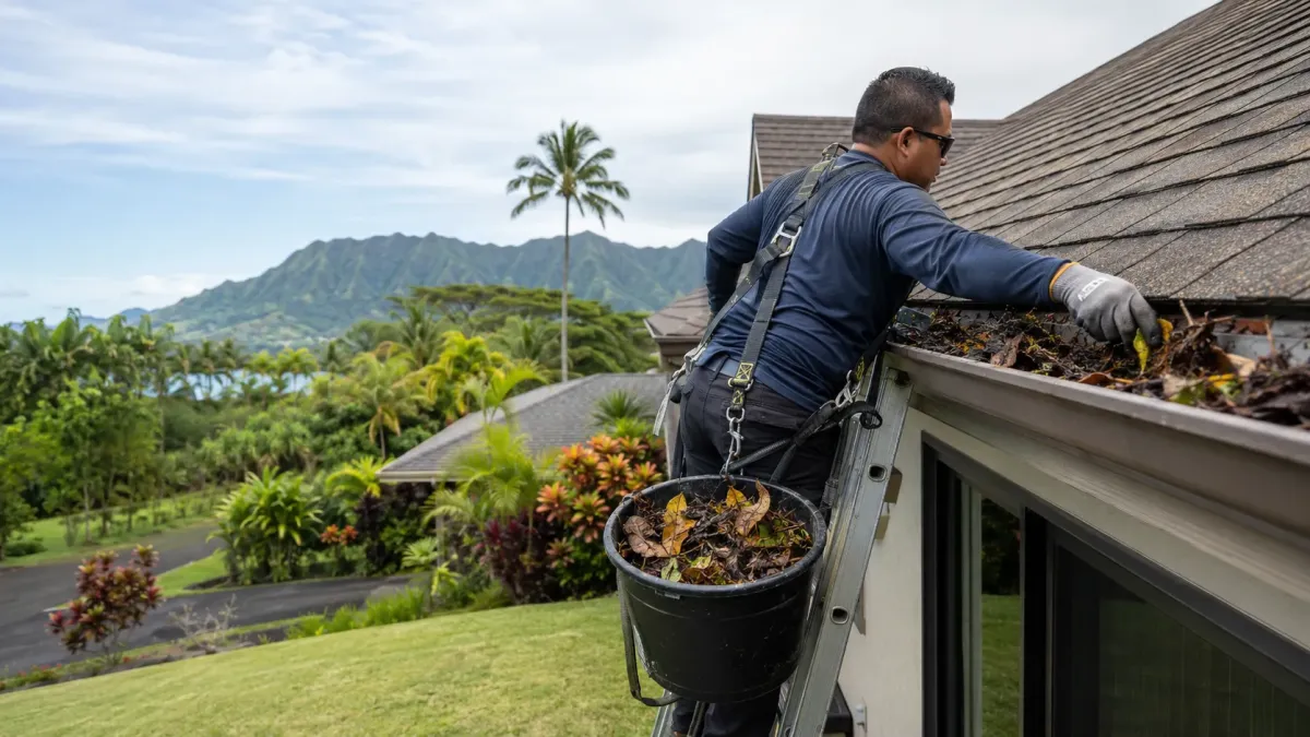 Kaneohe gutter professional servicing a residential gutter system with lush Windward Oahu mountains in the background