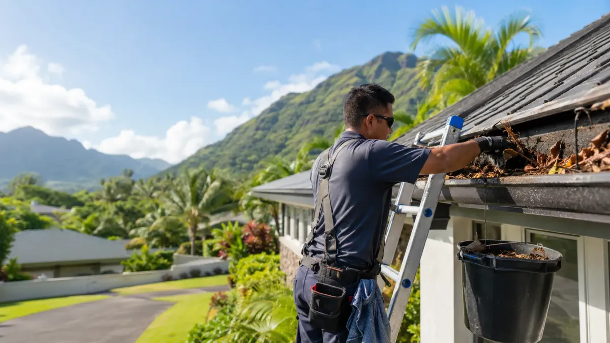 Exterior maintenance technician servicing gutter and roofline components on a Kaneohe, HI residential property