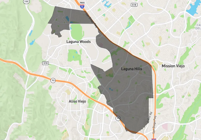Map highlighting Laguna Hills, CA, showing surrounding areas including Laguna Woods and Mission Viejo, with major roads and geographic features.