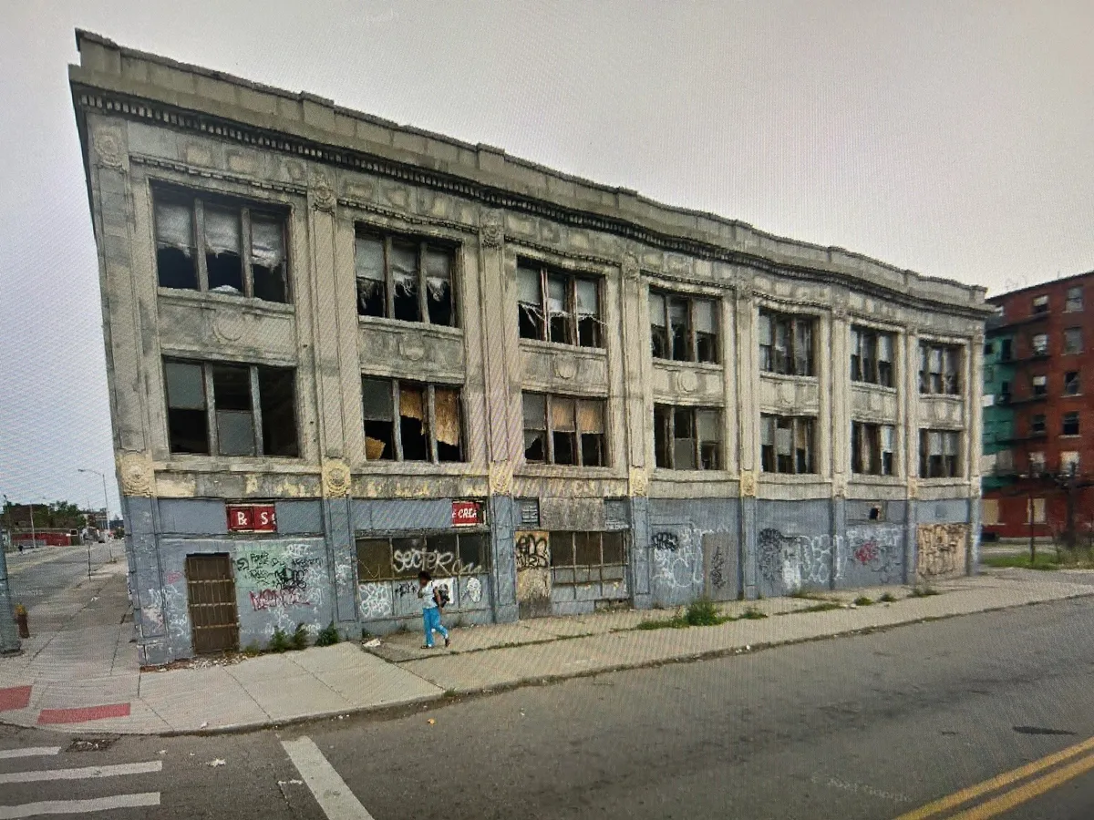 South façade of 2900 Cass in Detroit before restoration