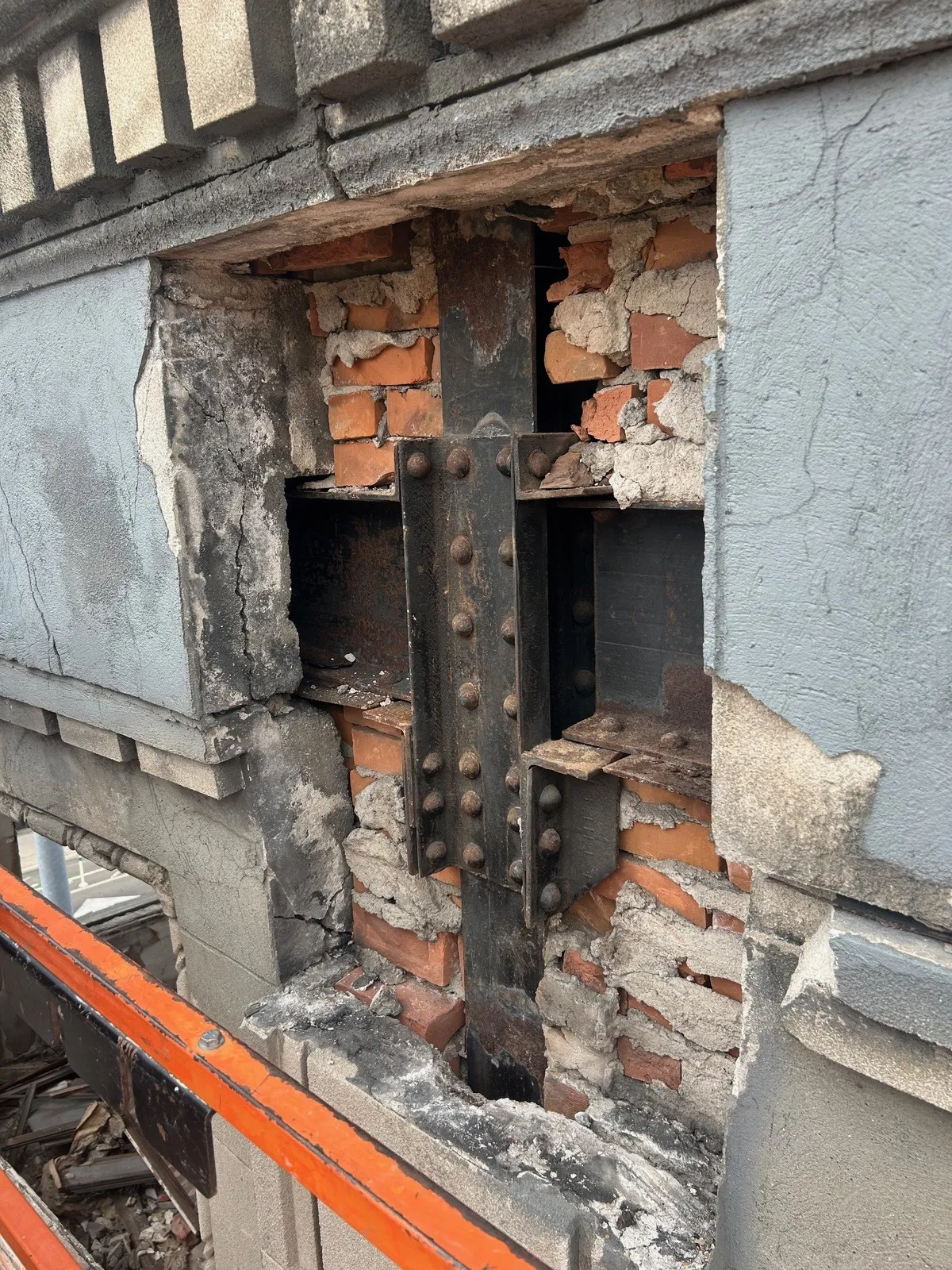 Exposed brick and structure at 2900 Cass during structural inspection