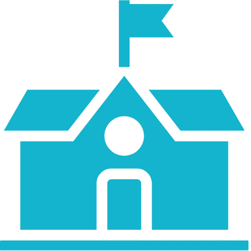 White line-art icon of a larger building with a central flag