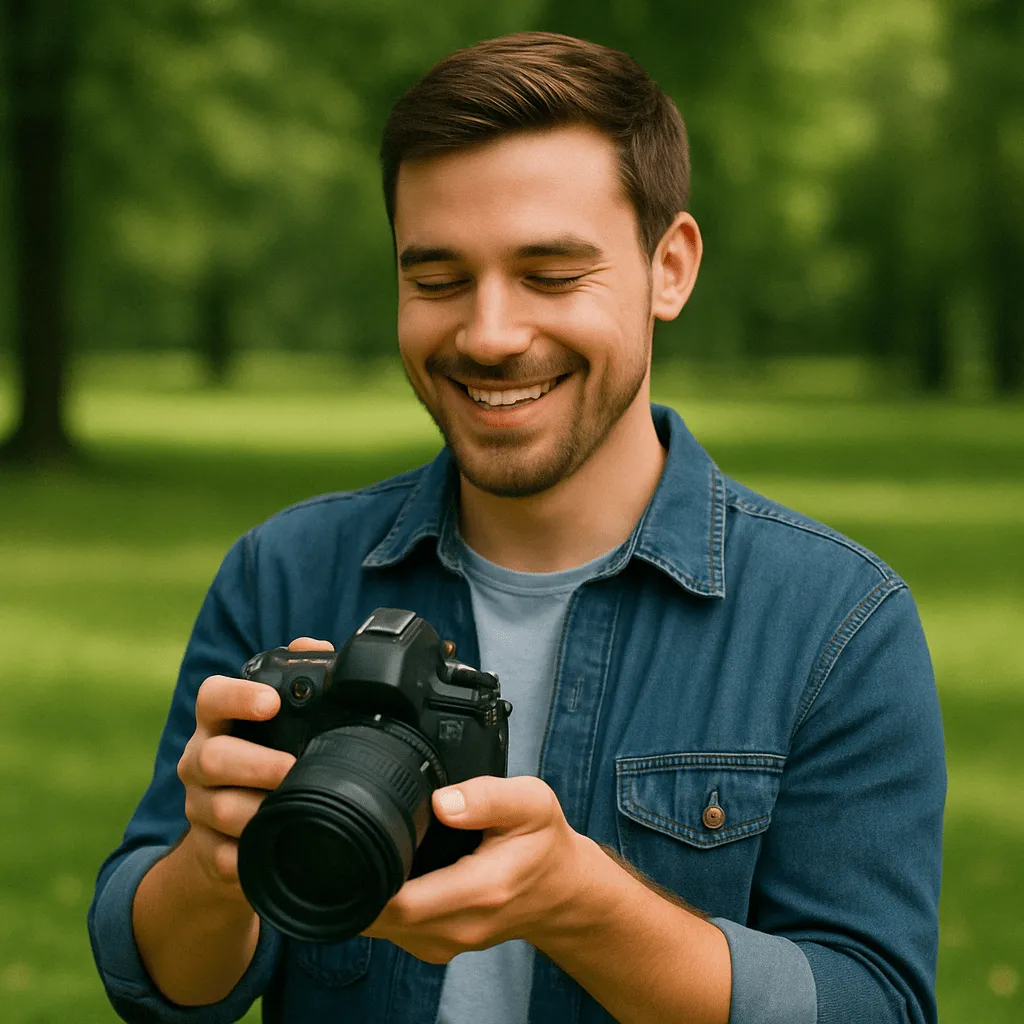 Jeune photographe débutant testant son appareil photo dans un parc, souriant, prêt à progresser grâce à une formation photo pour apprendre les bases techniques avec plaisir