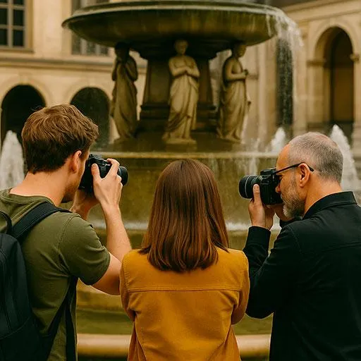 Apprendre la photographie en petit groupe – Scène autour d'une fontaine à Évreux