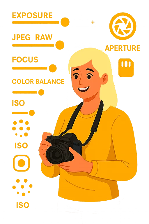 Illustration d’une photographe apprenant les réglages de base : exposition, ISO, balance des blancs, JPEG et RAW, pour réussir ses photos même en lumière difficile