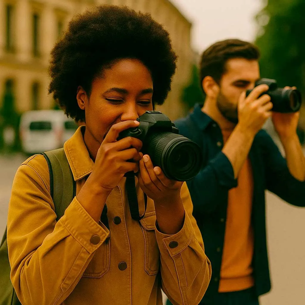Deux photographes concentrés à Évreux, capturant la vie urbaine lors d’un atelier de reportage photo pour apprendre à structurer une narration visuelle