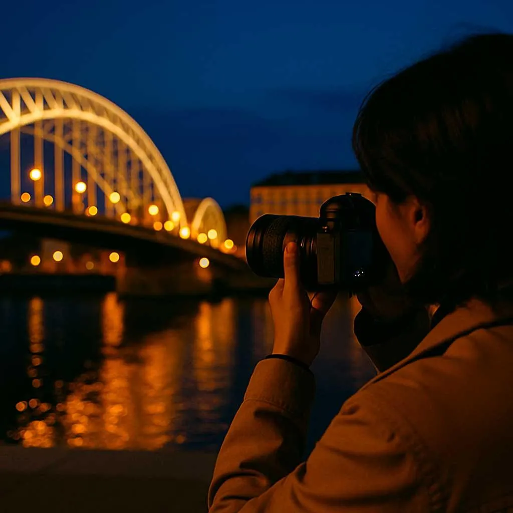 Photographe en sortie de nuit à Évreux, capturant un pont illuminé au crépuscule