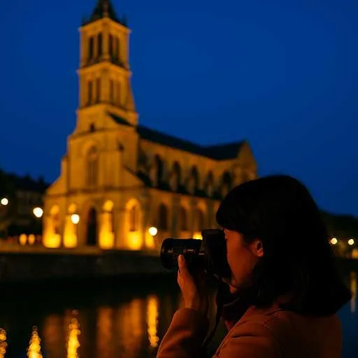 Photographe capturant une cathédrale éclairée la nuit dans le centre-ville, sous un ciel bleu profond