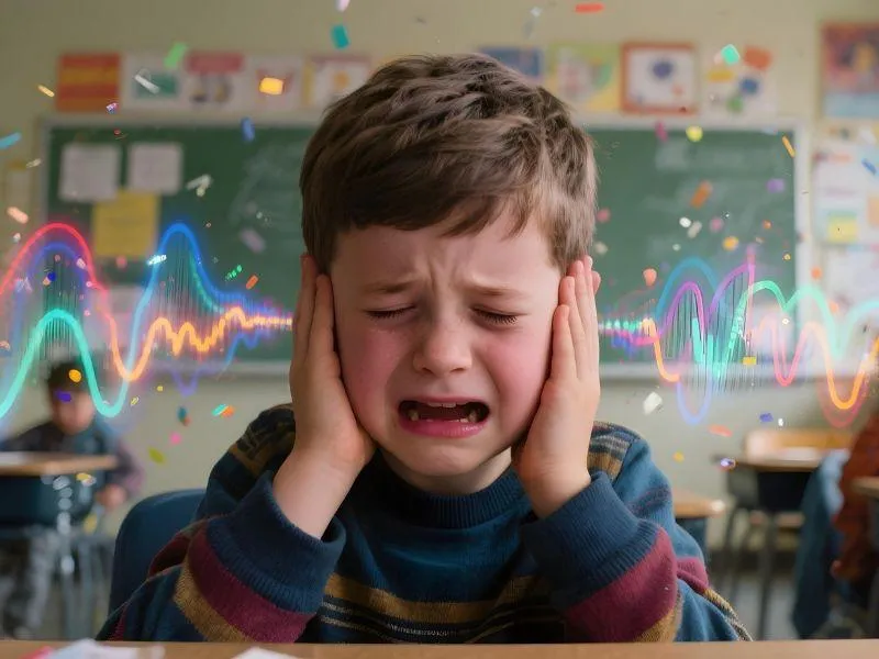 Child covering ears in a noisy classroom, showing sensory overload before Safe and Sound Protocol listening support.