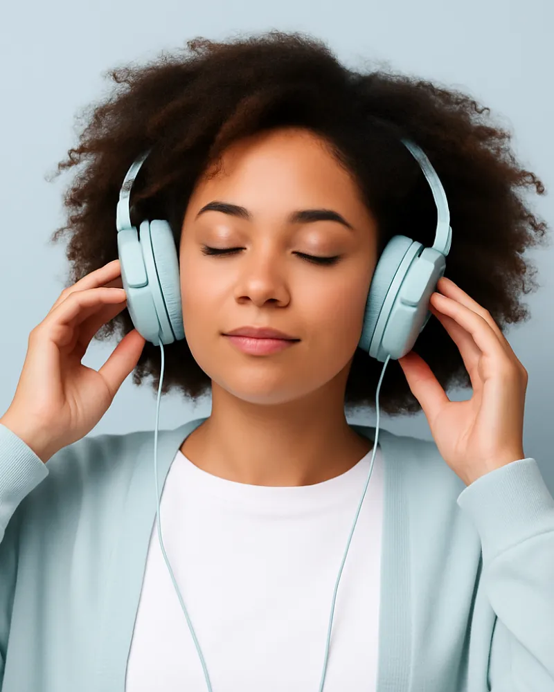 Person listening to filtered music through over-ear headphones during a Safe and Sound Protocol session, supporting regulation and focus.