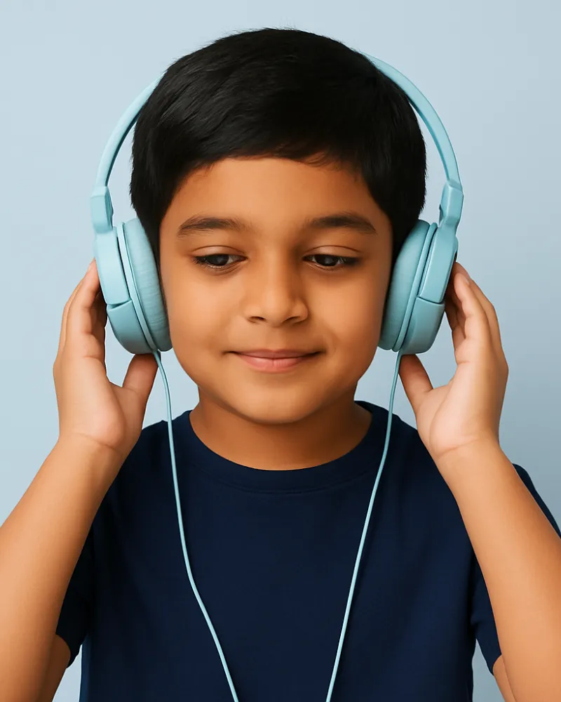 Child listening to filtered music through over-ear headphones during a Safe and Sound Protocol session, supporting regulation and focus.