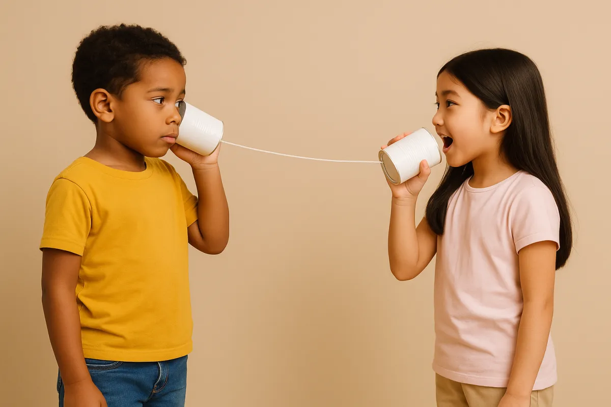Two children playing with a homemade string telephone outdoors, with the girl speaking into her cup and the boy listening, illustrating communication and connection through play