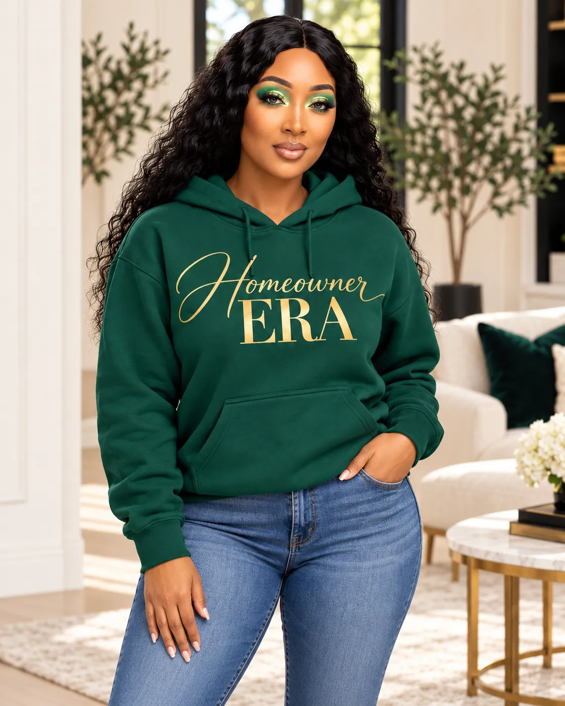 Luxurious heavyweight French terry signature hoodie in emerald and neutral palette