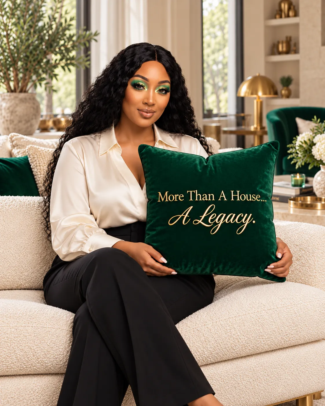 Loomed textured woven jacquard pillows in emerald, ivory, and subtle gold thread