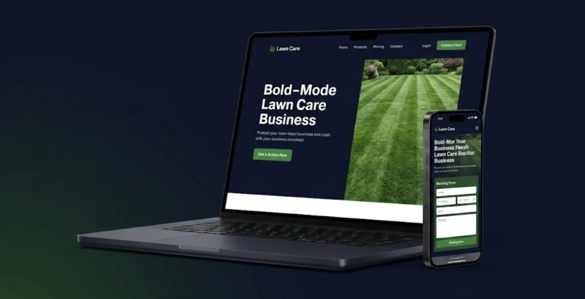 3D render of a premium dark-mode smart website for a lawn care business on multiple devices