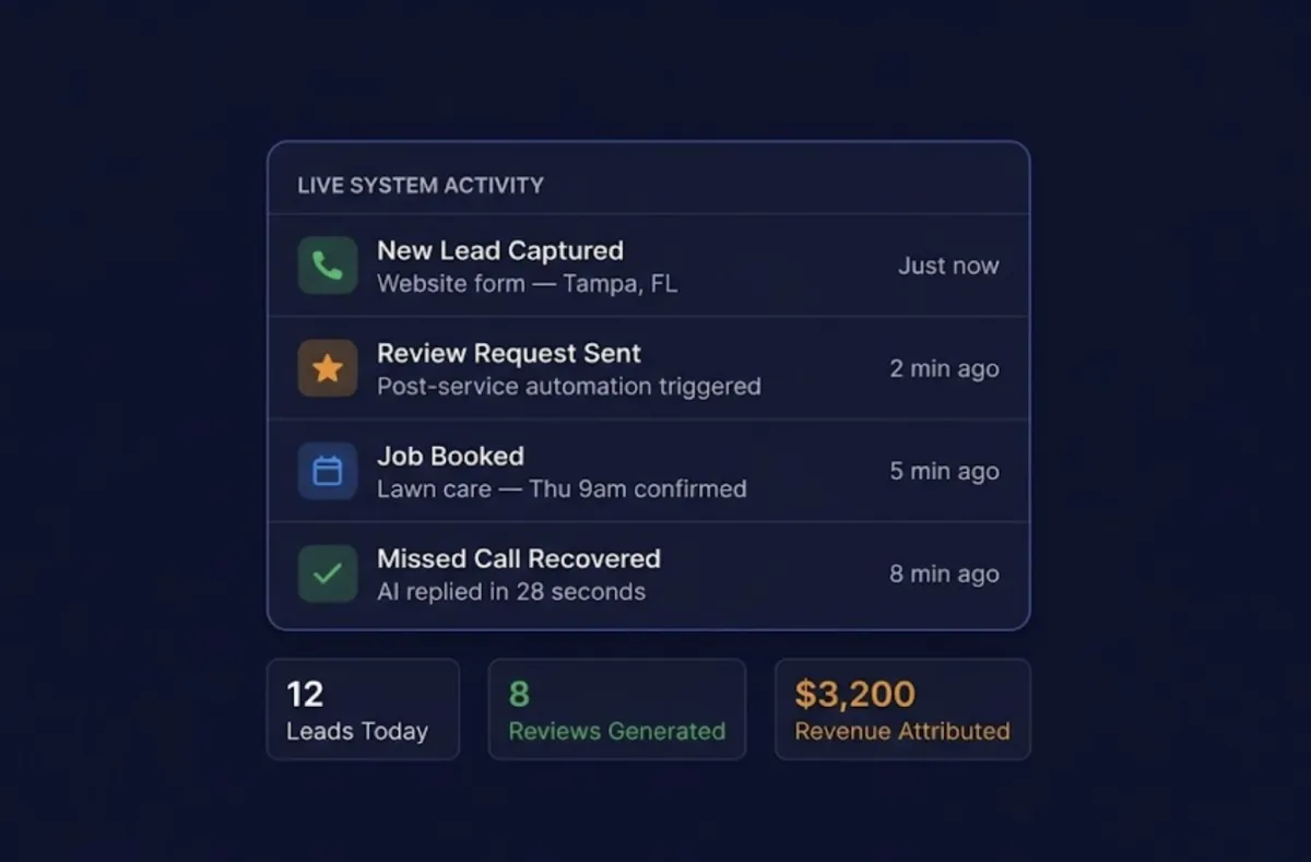 3D render of a premium dark-mode smart website for a lawn care business on multiple devices