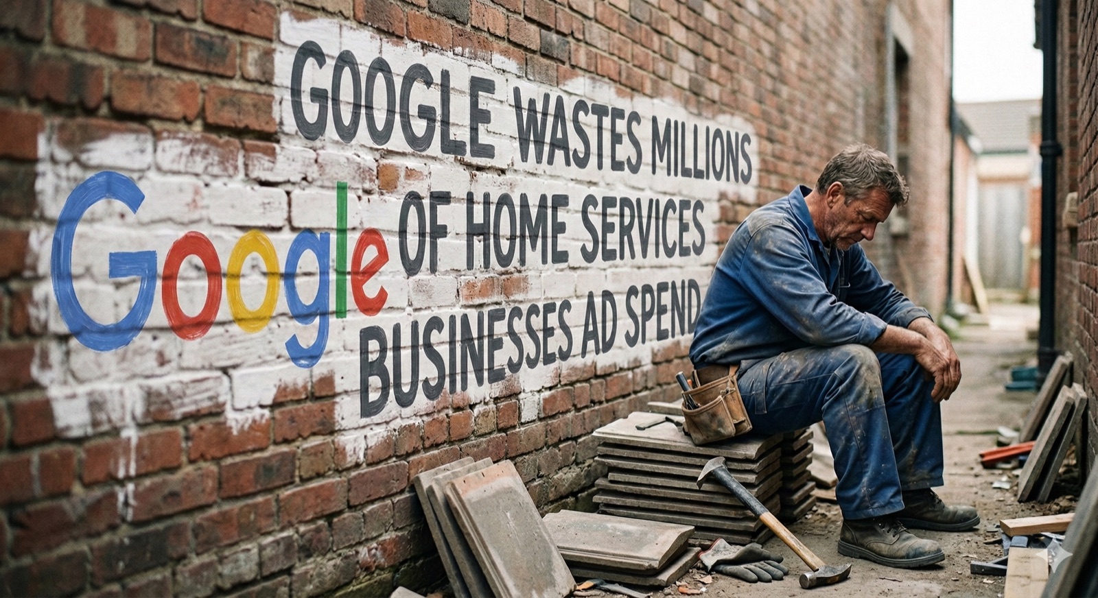 Man sitting against a brick wall painted with the words Google wastes millions of home services businesses ad spend