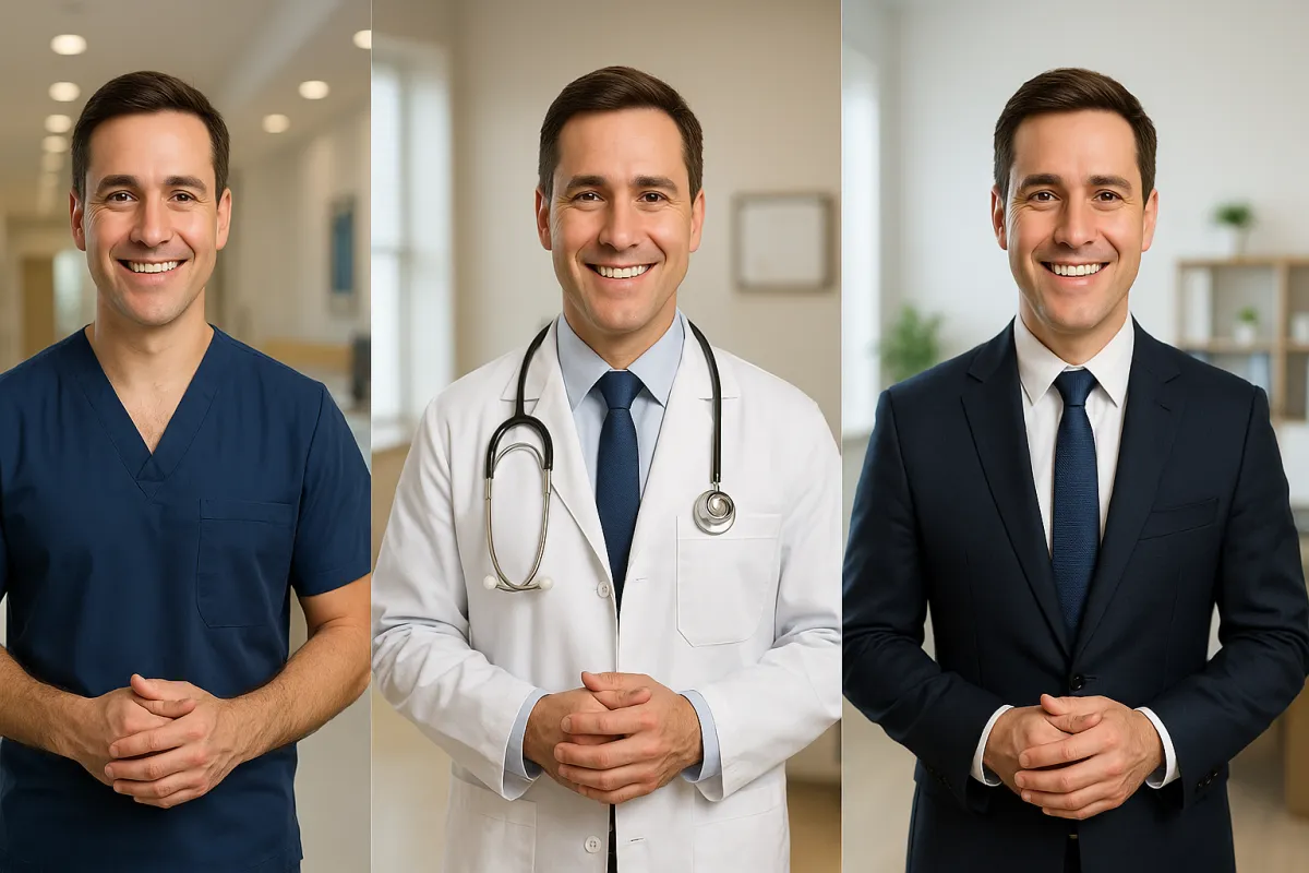 Three AI avatar clones of a professional male presenter wearing medical scrubs, a doctor’s white coat, and a business suit in hospital, clinic, and office settings, representing custom video avatar options for educational and marketing content.