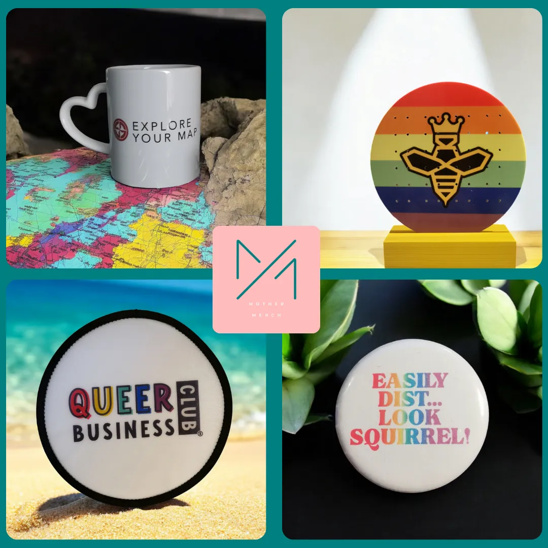 Collage of 4 different images, top left - a white heart handled mug with the words Explore Your Map, top right - a circular earring holder with a picture of a bee on a rainbow background (red, orange, yellow, green, blue and purple stripes), bottom left - a black and white foldable fan with the words Queer Business Club and bottom right - a badge with the words Easily Dist ... Look Sqiurrel! in a rainbow of colours