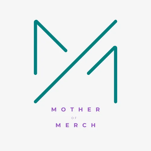 A light grey square with the Mother of Merch logo