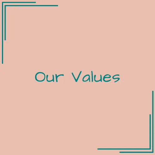 A peach square with the words "Our Values"