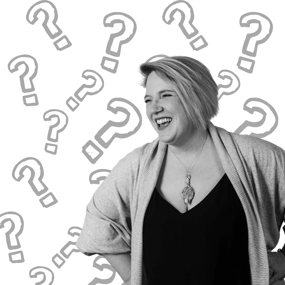 Picture of Lisa - white female - with short hair - she is in grey scale and on a a white background with grey question marks