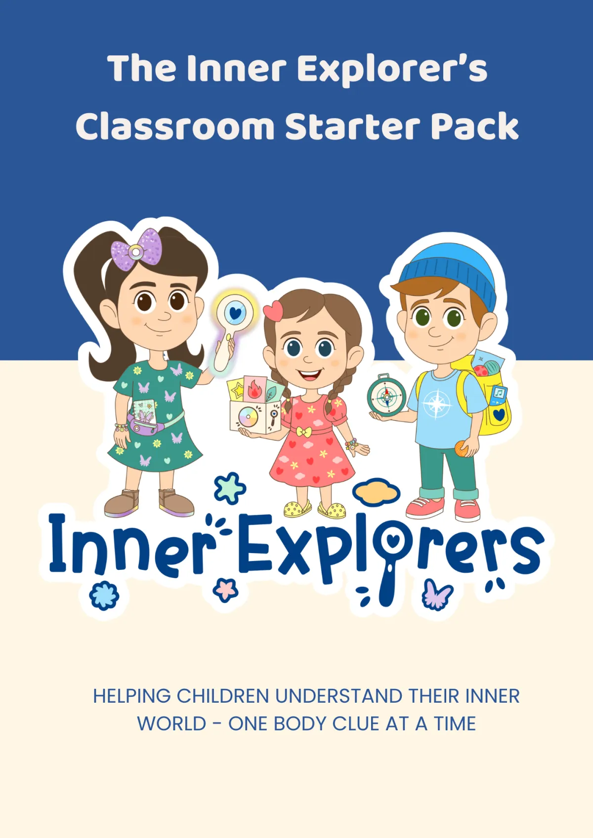 Image of a blue and beige cover of a lead magnet with the  logo for the Inner Explorers logo on - 3 children