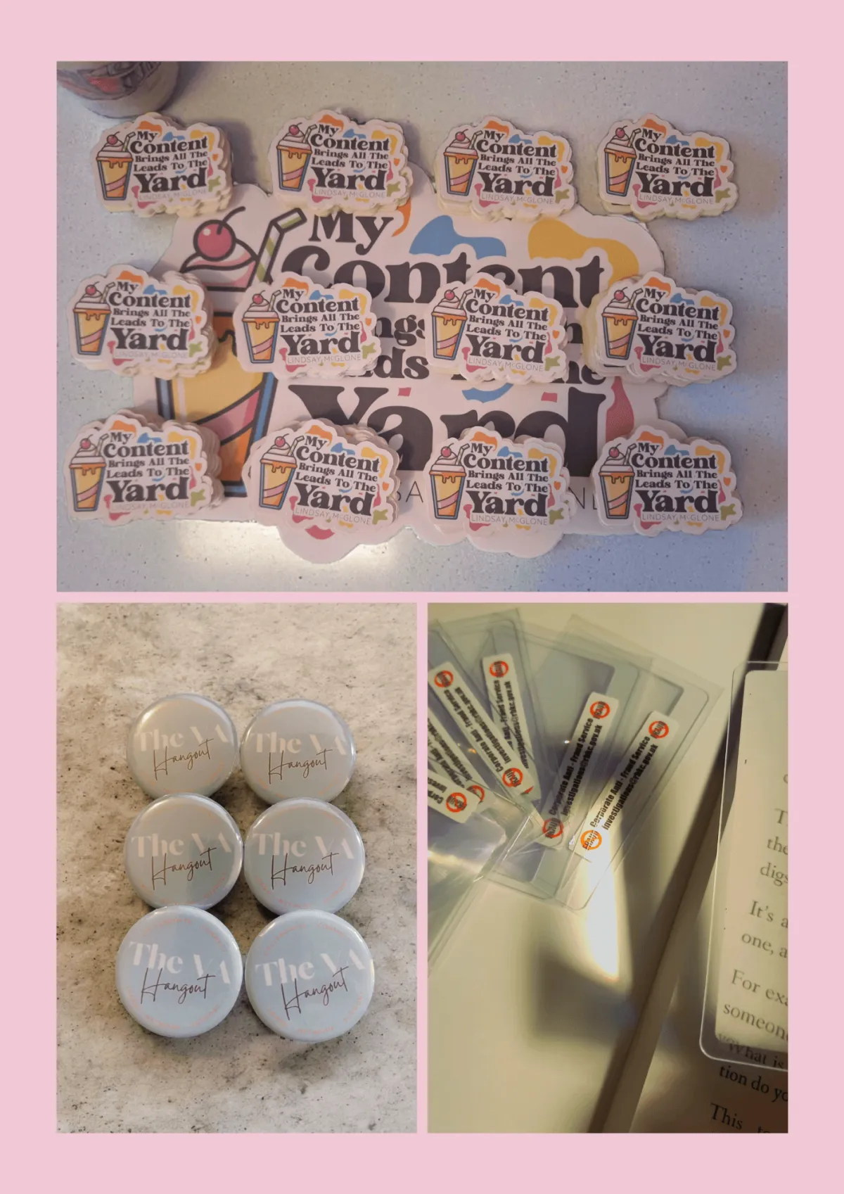 A pink frame around 3 images - stickers, badges and pocket magnifying glasses
