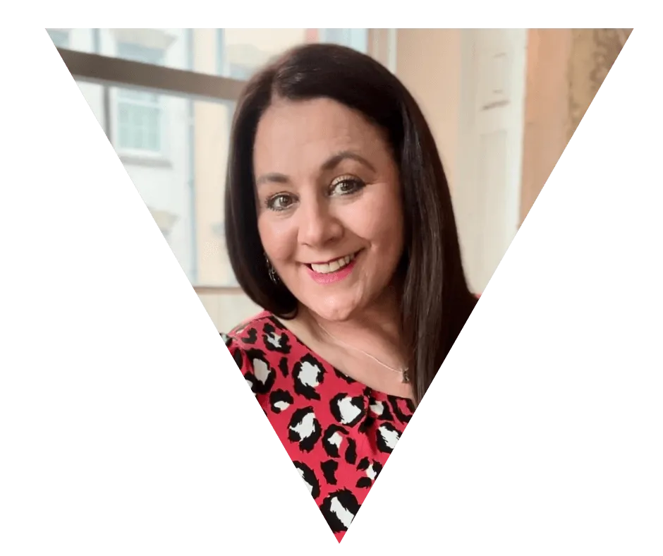 Picture of Kelly Farr in a triangle - white female wearing a red top with white circles