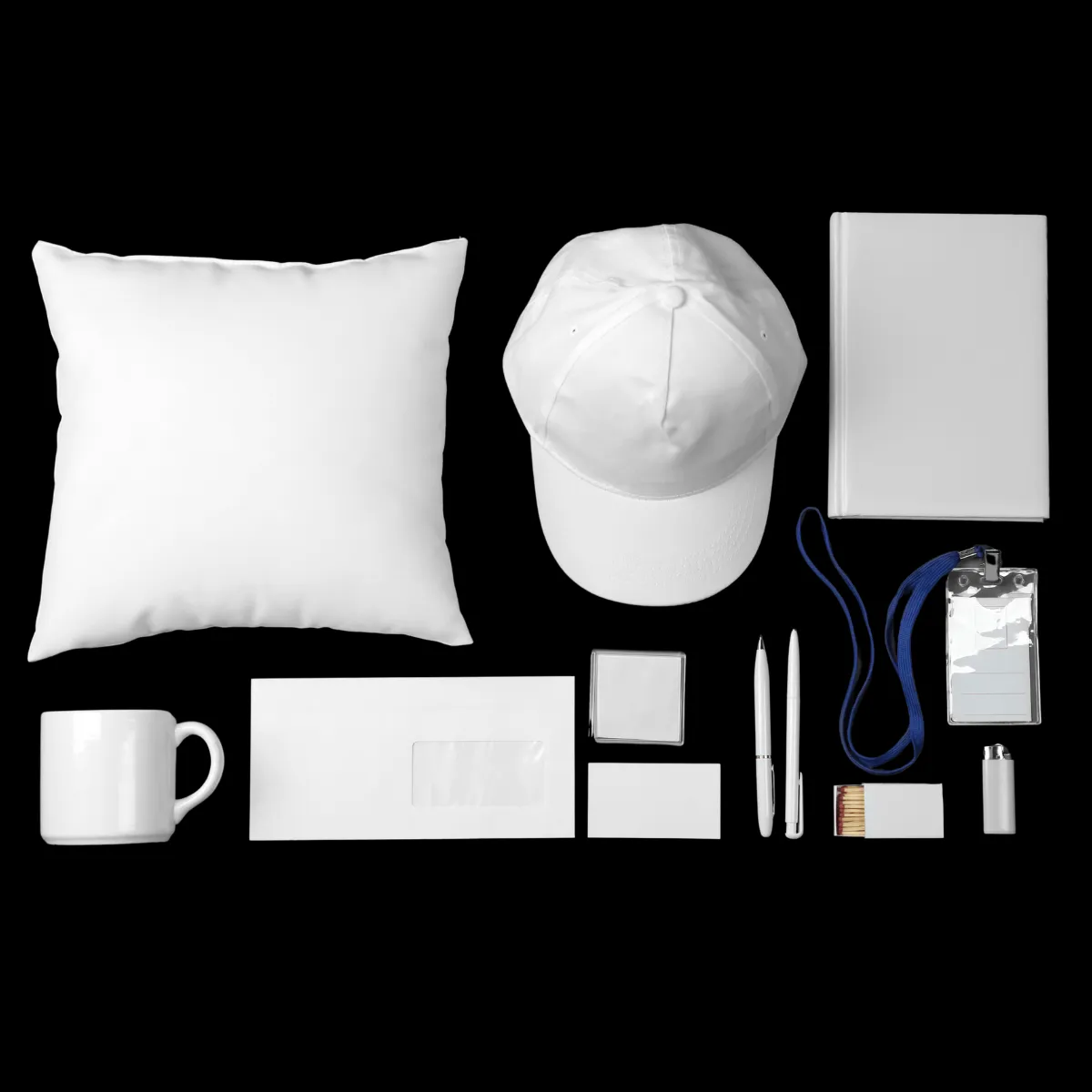A picture of various plain merchandise on a black box