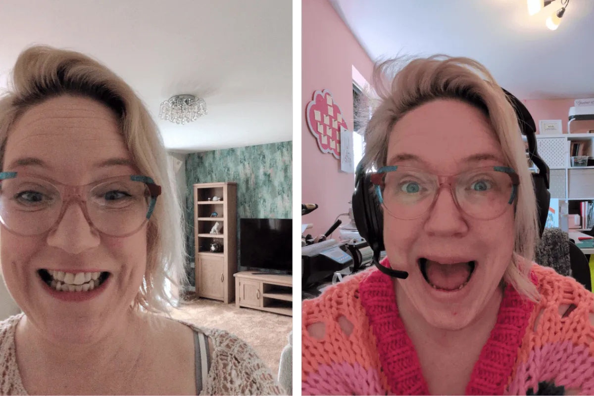 Two pictures of Lisa- one of her smiling in a clients house, one of her on a call with a headset on