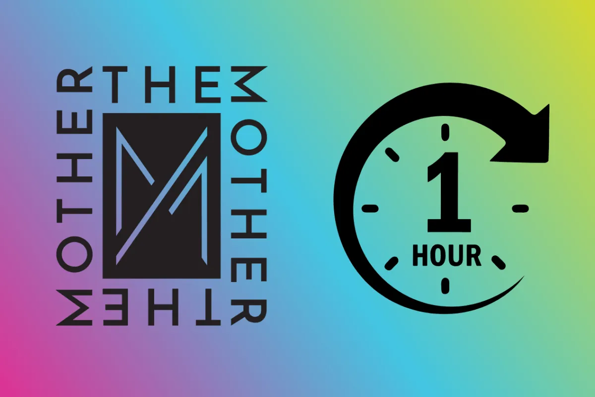 The Mother and an hour symbol on a pink, blue and yellow background