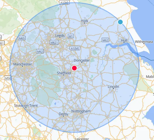 Picture of a UK map with a circle in it showing the areas available