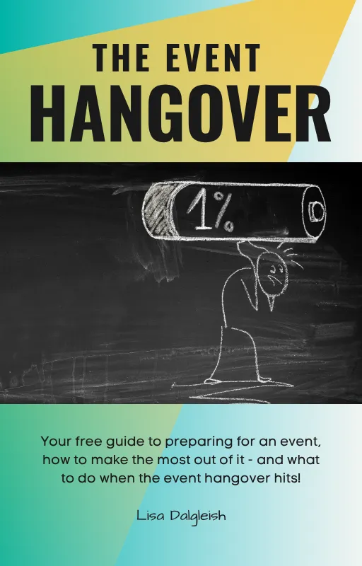 The Event Hangover front cover - stick person carrying a 1% battery as the graphic