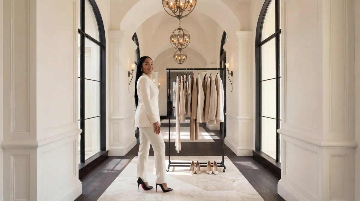 Editorial portrait of Qui Daugherty in a modern, neutral interior