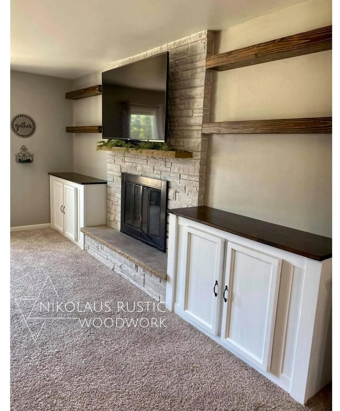 Nikolaus Rustic Woodwork built-in cabinets & shelving surrounding fireplace - rustic mantle 