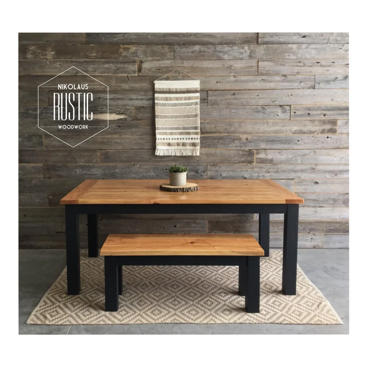 Nikolaus Rustic Woodwork custom modern farmhouse dining table with black legs and bench