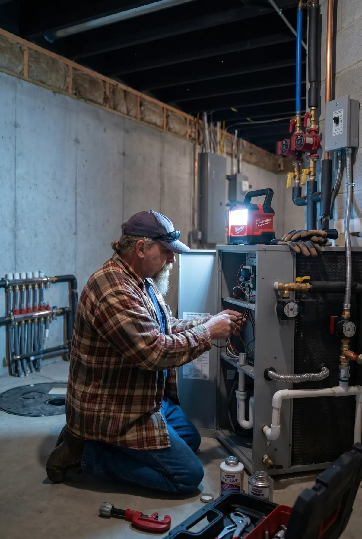 HVAC heating and cooling technician servicing equipment