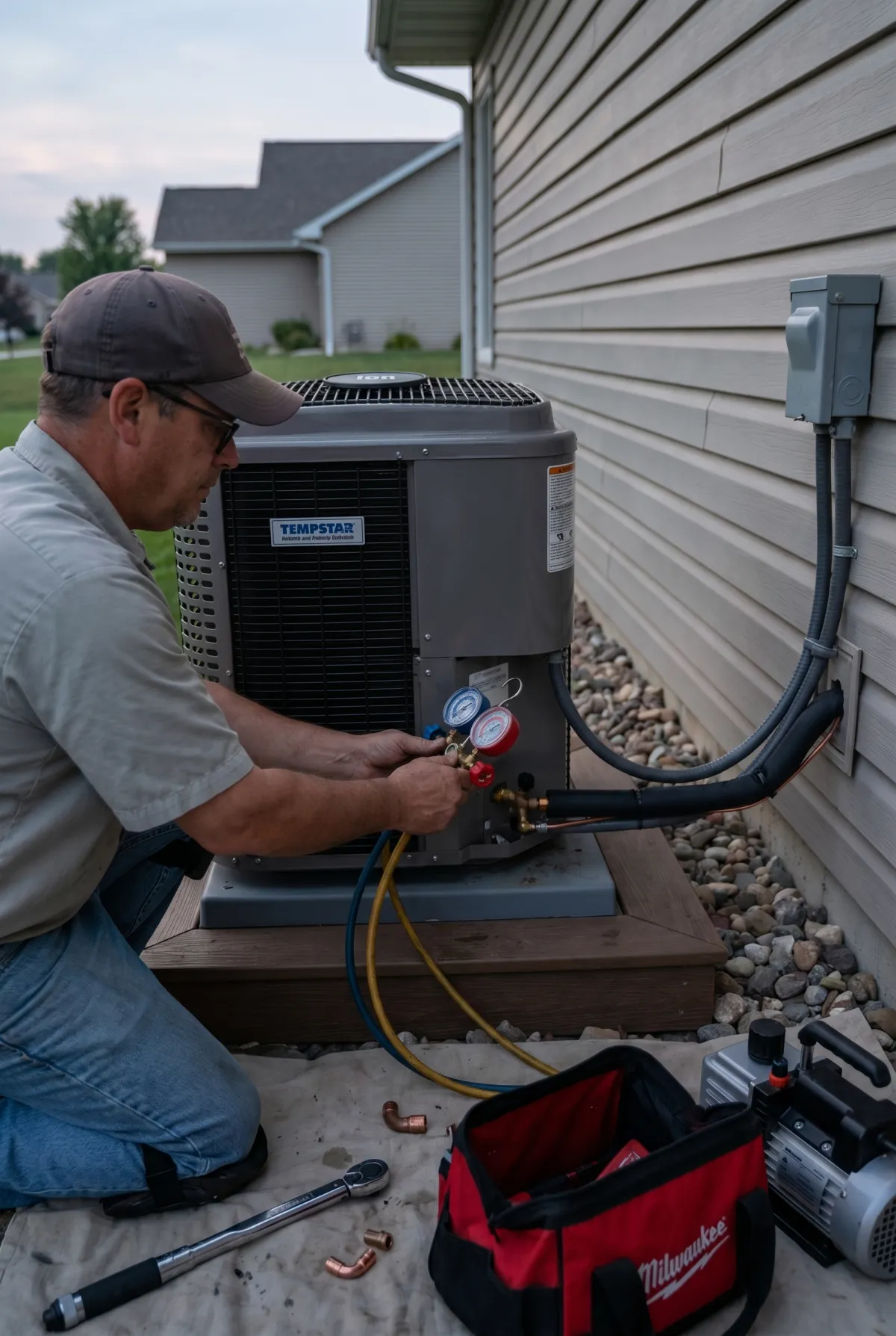 Heating and cooling technician inspecting home comfort equipment