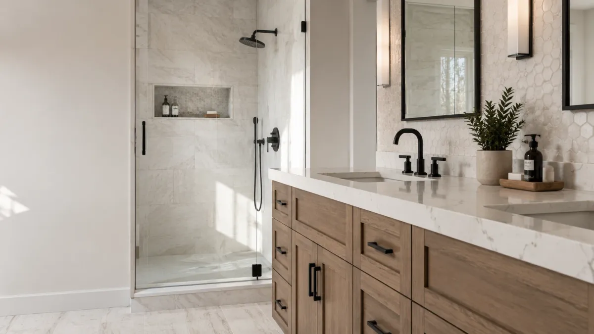 Premium Hanford, CA bathroom remodel featuring wood vanity cabinetry, quartz countertops, matte black fixtures, tilework, and a frameless glass shower.