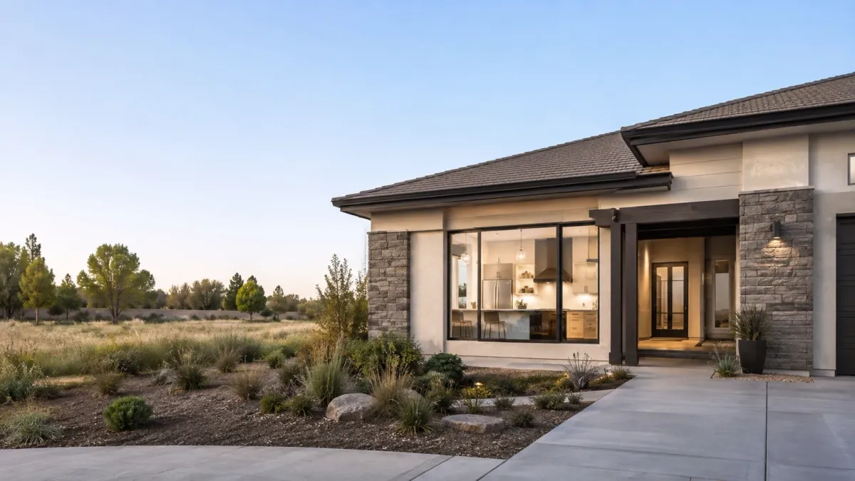 Single-story Hanford, CA residence with upgraded exterior details and a remodeled kitchen visible through large front windows.