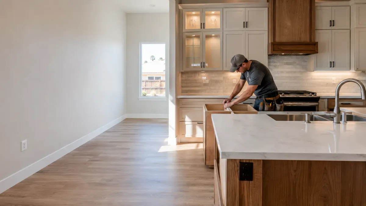 Professional installer fastening and leveling new kitchen cabinets during a residential cabinet installation in Hanford, CA.