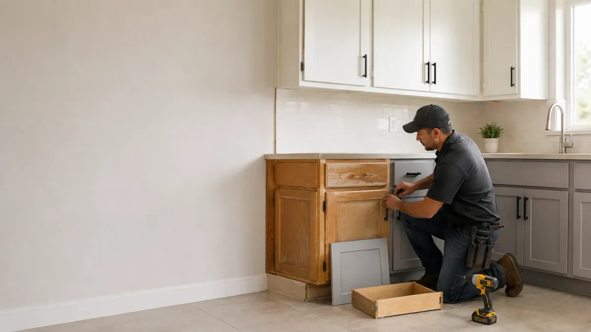 Contractor refacing existing kitchen cabinets with updated gray doors, drawer fronts, and hardware in Hanford, CA.