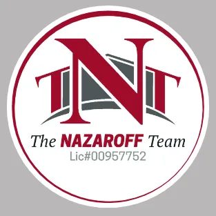 "Logo of The Nazaroff Team featuring a stylized red 'N' overlapping a gray arch, accompanied by the text 'The Nazaroff Team' in black and red and the license number 'Lic#00957752' below."