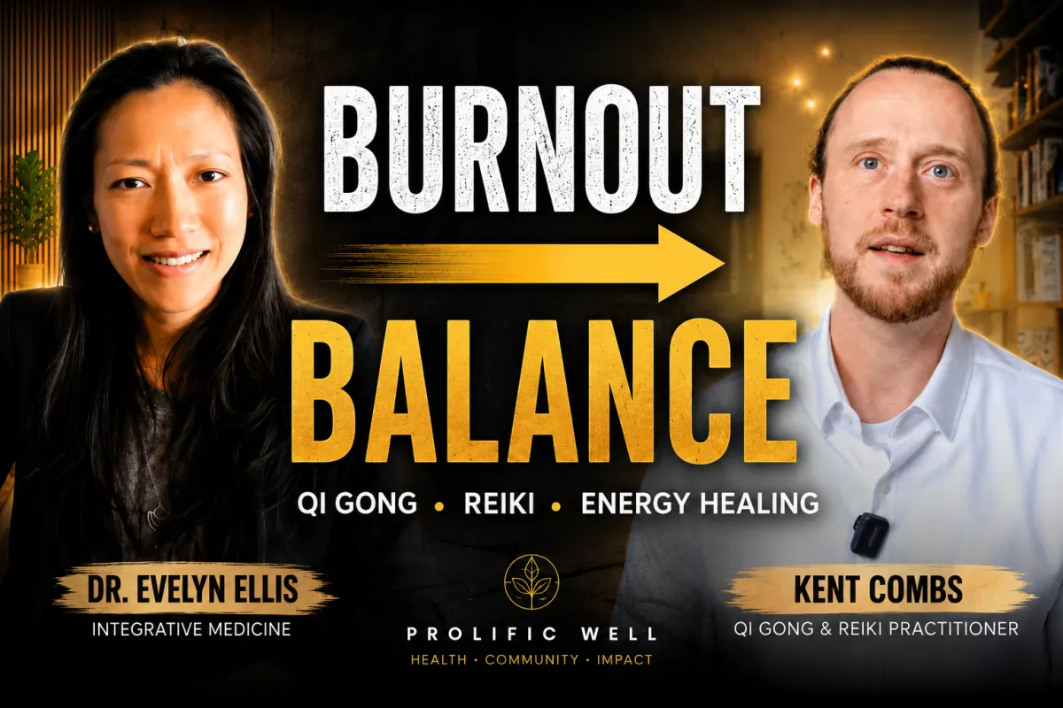 Dr. Evelyn Ellis and Kent Combs on a podcast thumbnail titled “Burnout to Balance,” discussing Qi Gong, Reiki, and energy healing.