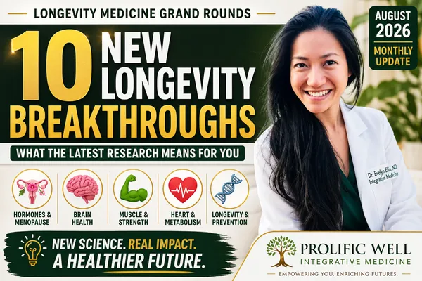 Dr. Evelyn Ellis presenting the August 2026 Longevity Medicine Grand Rounds, explaining the latest research on hormone therapy, brain health, weight loss, muscle health, cardiovascular disease, osteoporosis, and healthy aging.