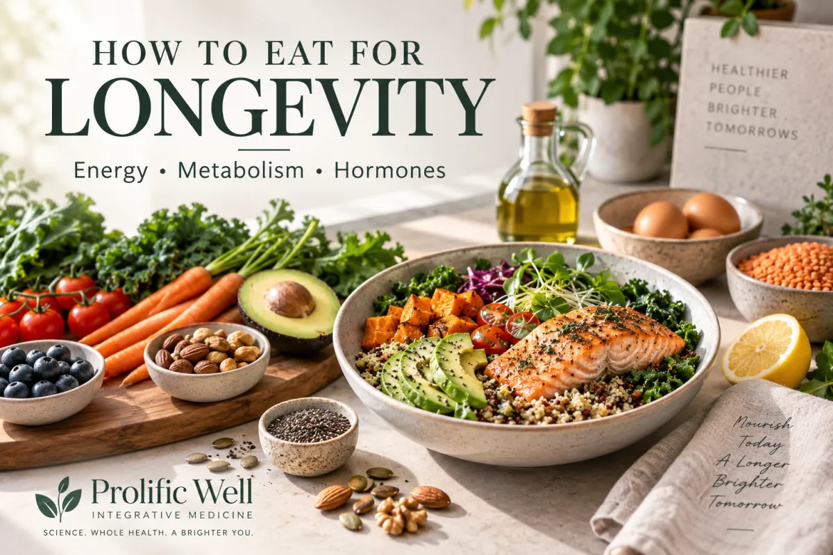 Balanced whole-food meal with salmon, avocado, vegetables, berries, nuts, seeds, eggs, lentils, and olive oil representing nutrition for energy, metabolism, hormone health, and longevity.