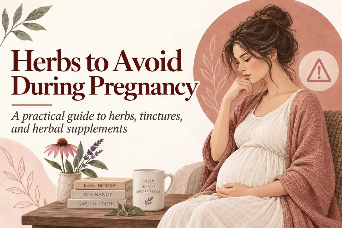 Illustration of a pregnant woman surrounded by herbs and flowers with the title “Herbs to Avoid During Pregnancy” and subtitle “A practical guide to herbs, tinctures, and herbal supplements.